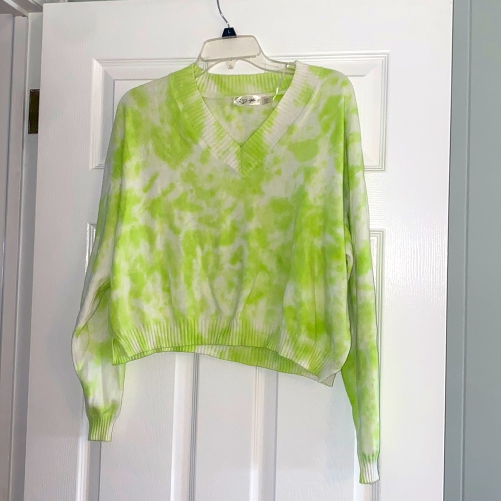 RD Style Sweater L Womens Tie Dye Green White Pullover Stitch Fix Casual Cropped